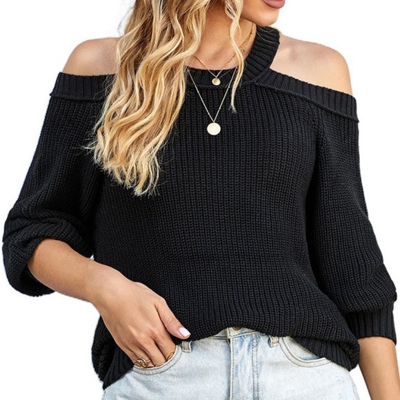 new Black Cold Shoulder Knit Pullover Sweater L - Picture 7 of 9